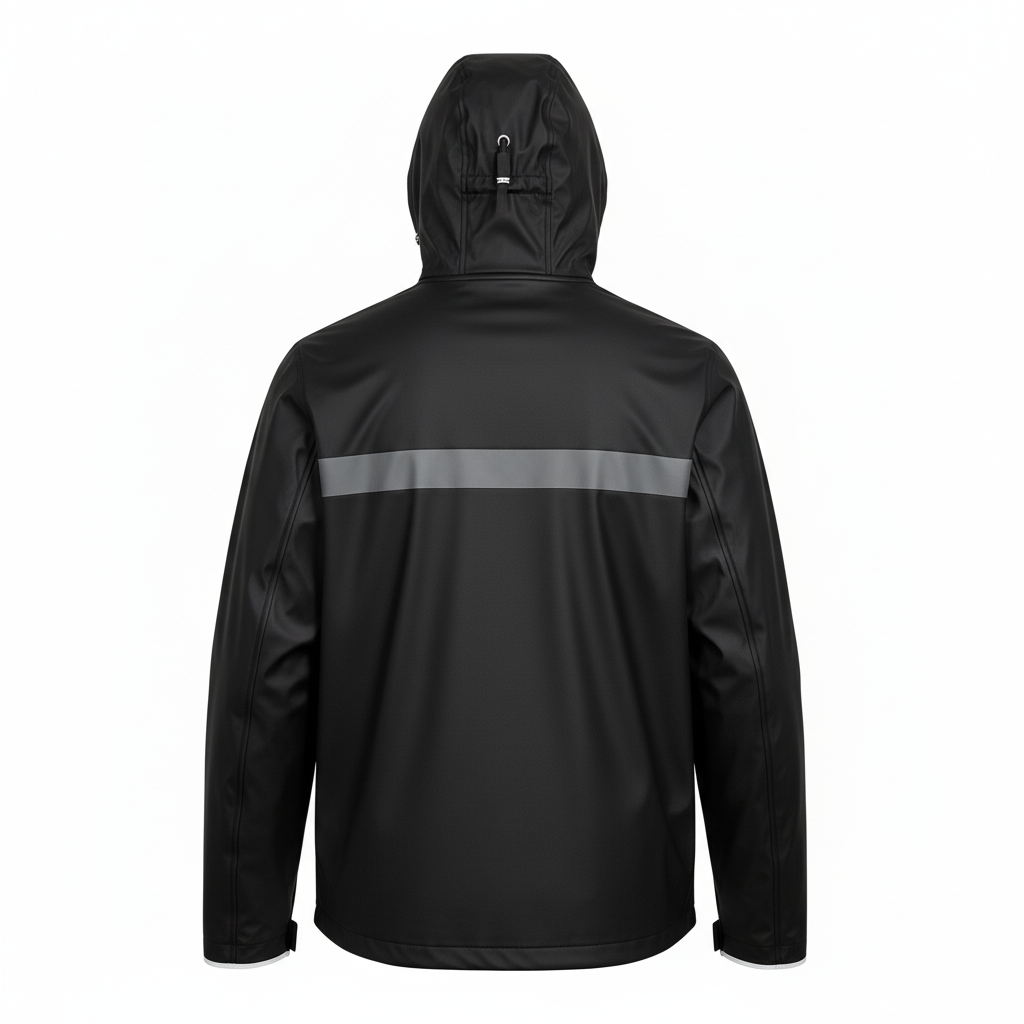 Back view of custom track rain jacket showing the heat-transfer team name and hood