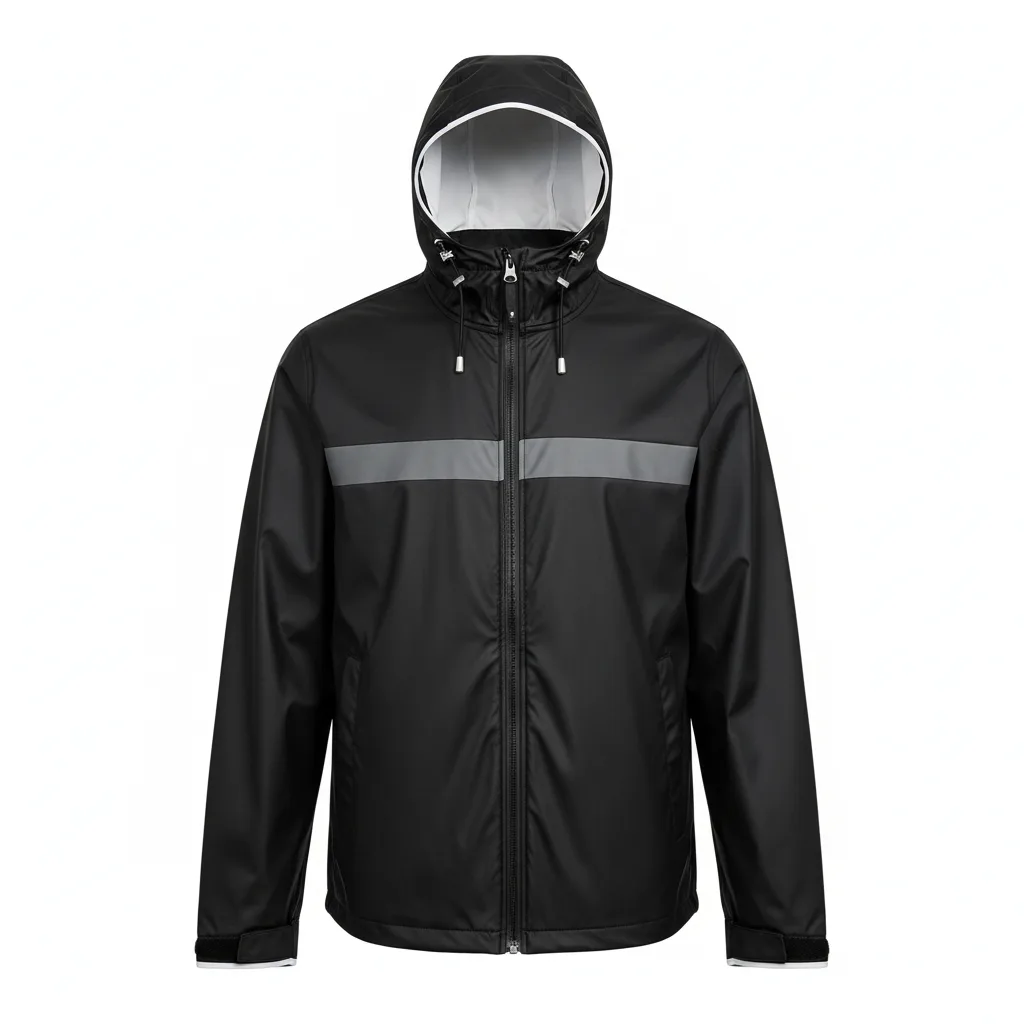 Front view of custom track rain jacket in a waterproof taped-seam shell with a hood and heat-transfer team crest from Empire Five Athletics