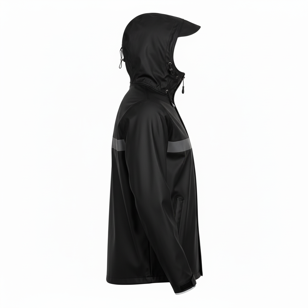 Side view of custom track rain jacket showing the storm cuff and zip
