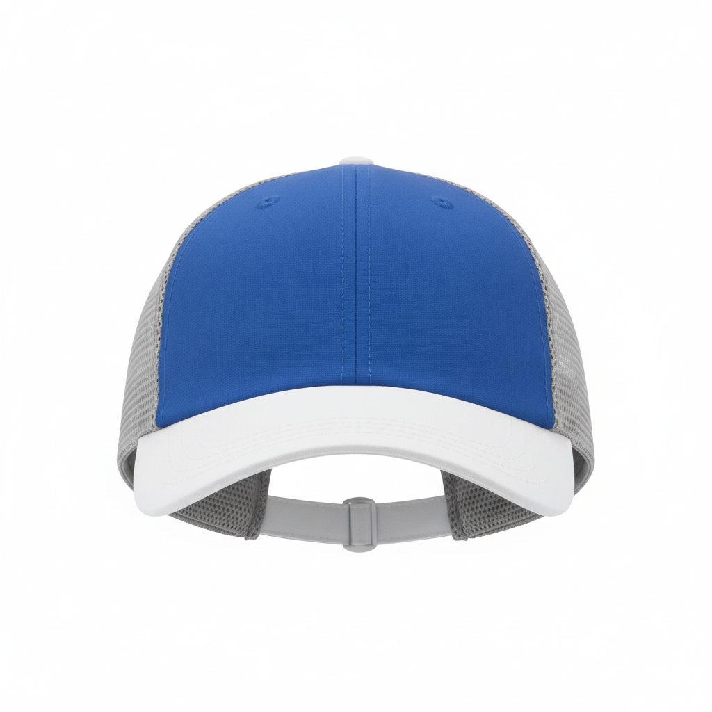 Front view of custom running cap in lightweight performance poly with a sublimated crown and embroidered front logo from Empire Five Athletics