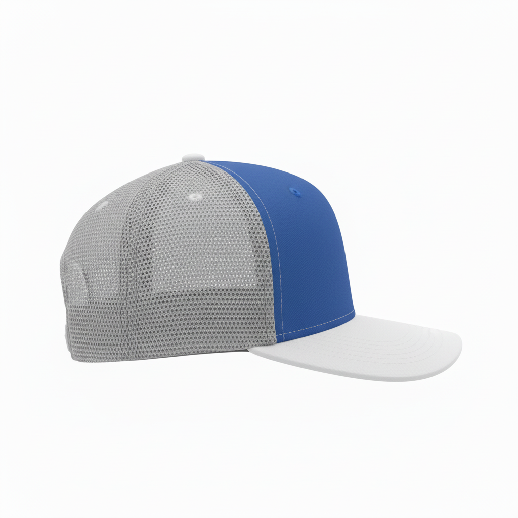 Side view of custom running cap showing the brim and sublimated panel