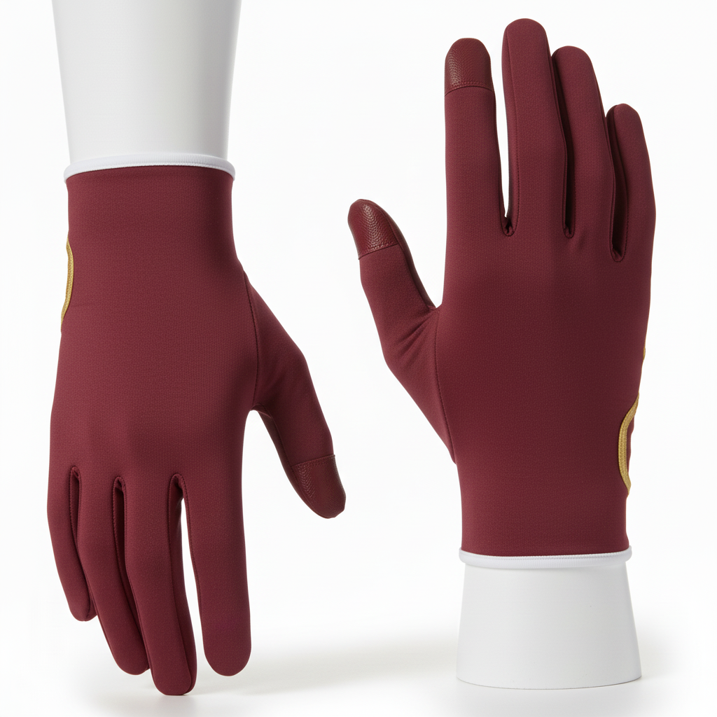 Front view of custom running gloves in lightweight stretch fleece with a custom team colorway and logo from Empire Five Athletics