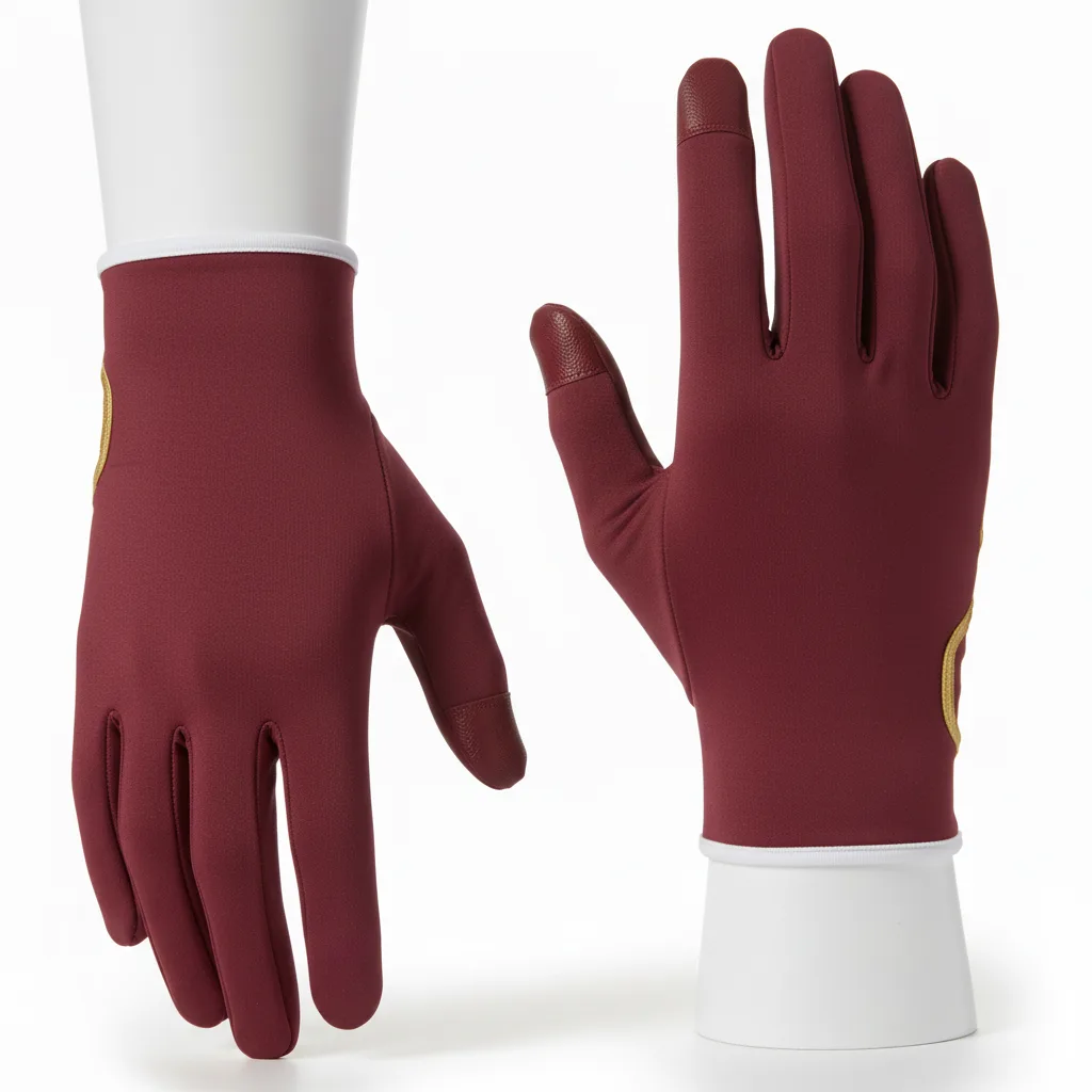 Front view of custom running gloves in lightweight stretch fleece with a custom team colorway and logo from Empire Five Athletics