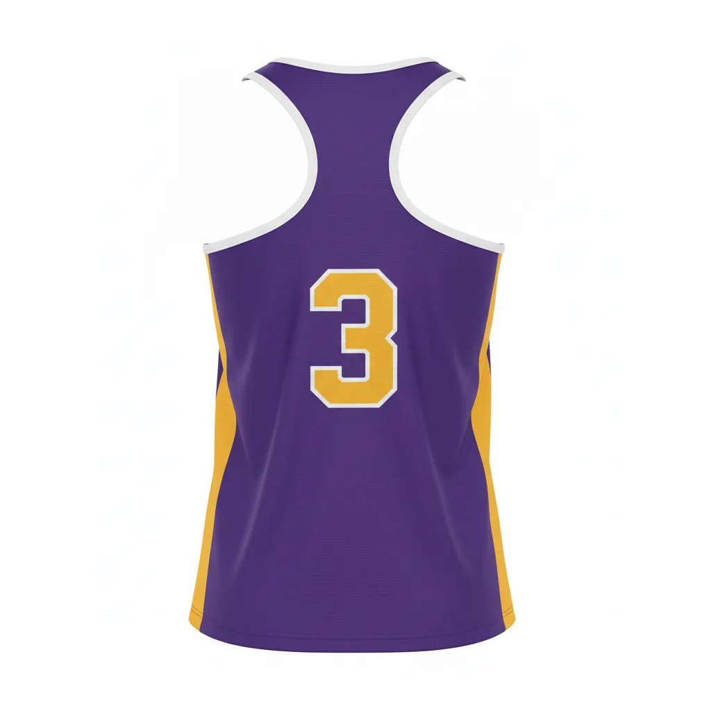 Back view of custom running tank top showing the athlete name and wider straps