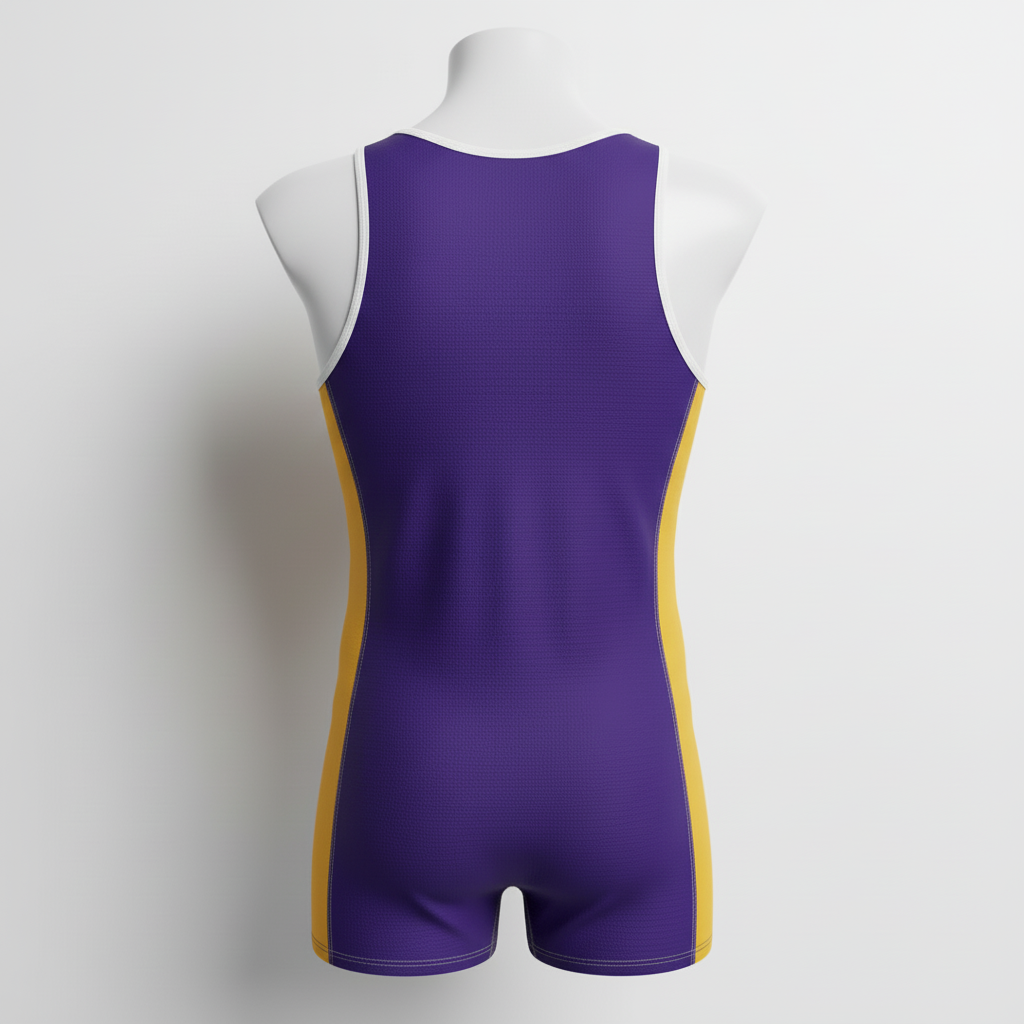 Back view of custom throws singlet showing the athlete name and reinforced seams