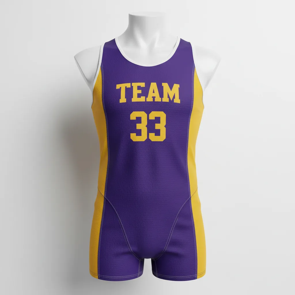 Front view of custom throws singlet in 180 GSM durable performance poly with a roomy power-event cut and sublimated team colors from Empire Five Athletics