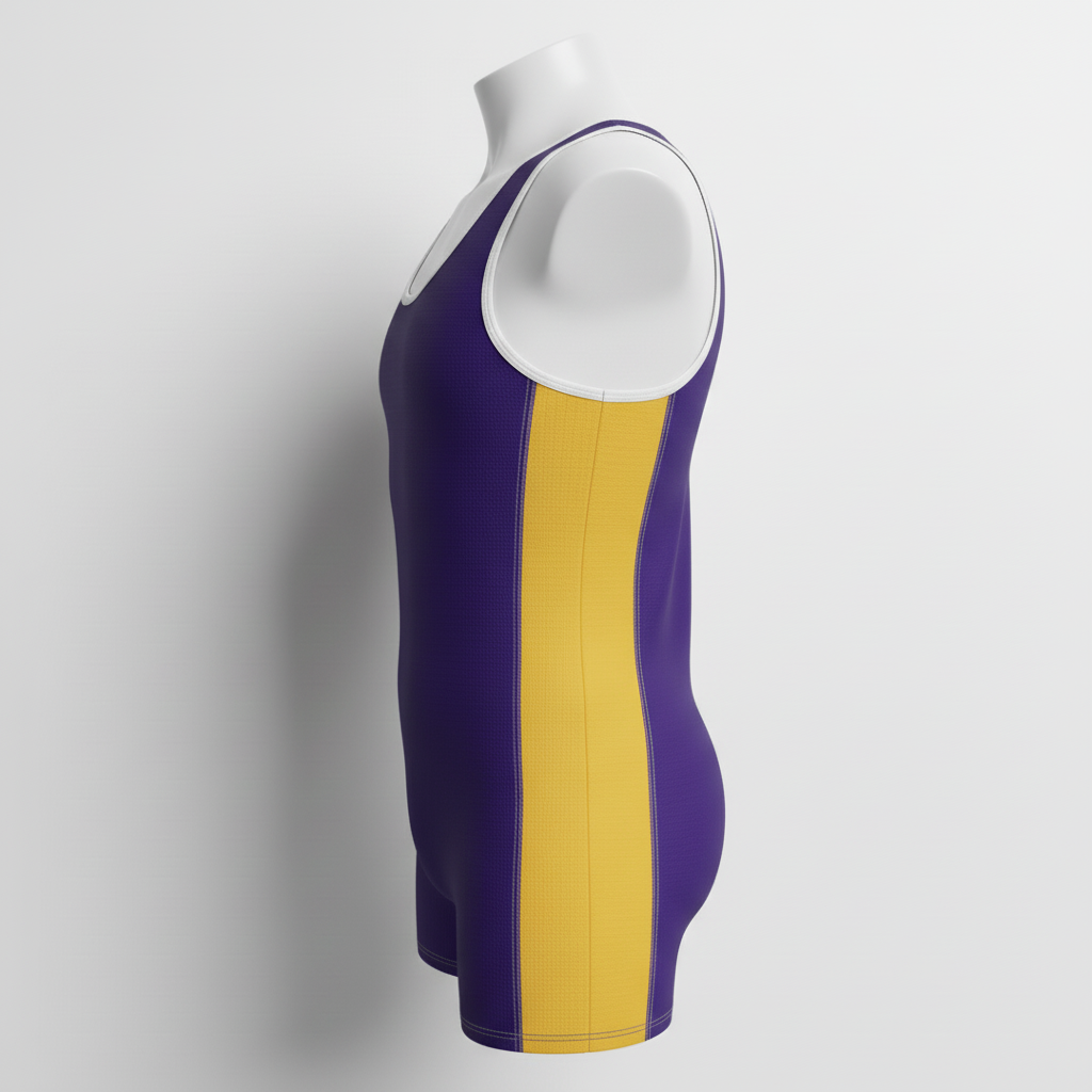 Side view of custom throws singlet showing the roomy shoulder cut