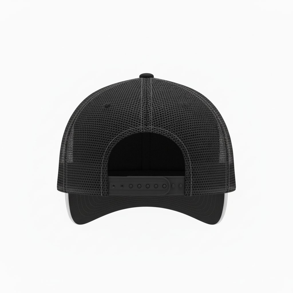 Back view of custom track visor showing the adjustable closure and open crown