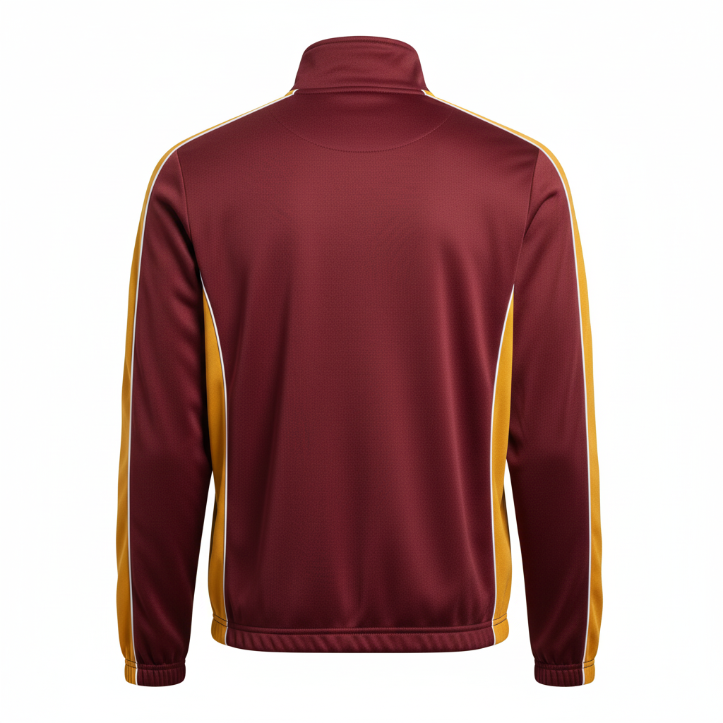 Back view of custom track warm-up jacket showing the sublimated team name