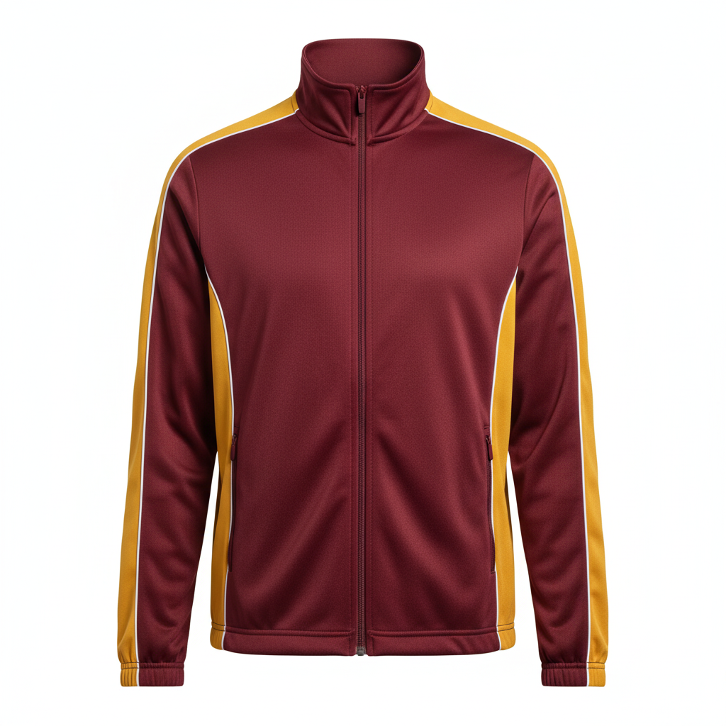 Front view of custom track warm-up jacket in 220 GSM smooth performance poly with a full zip and edge-to-edge sublimated team colors from Empire Five Athletics