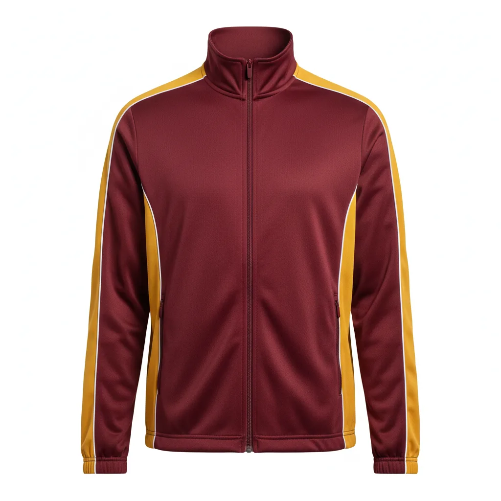 Front view of custom track warm-up jacket in 220 GSM smooth performance poly with a full zip and edge-to-edge sublimated team colors from Empire Five Athletics