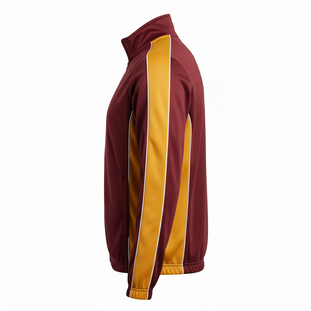 Side view of custom track warm-up jacket showing the zip pocket and stand collar