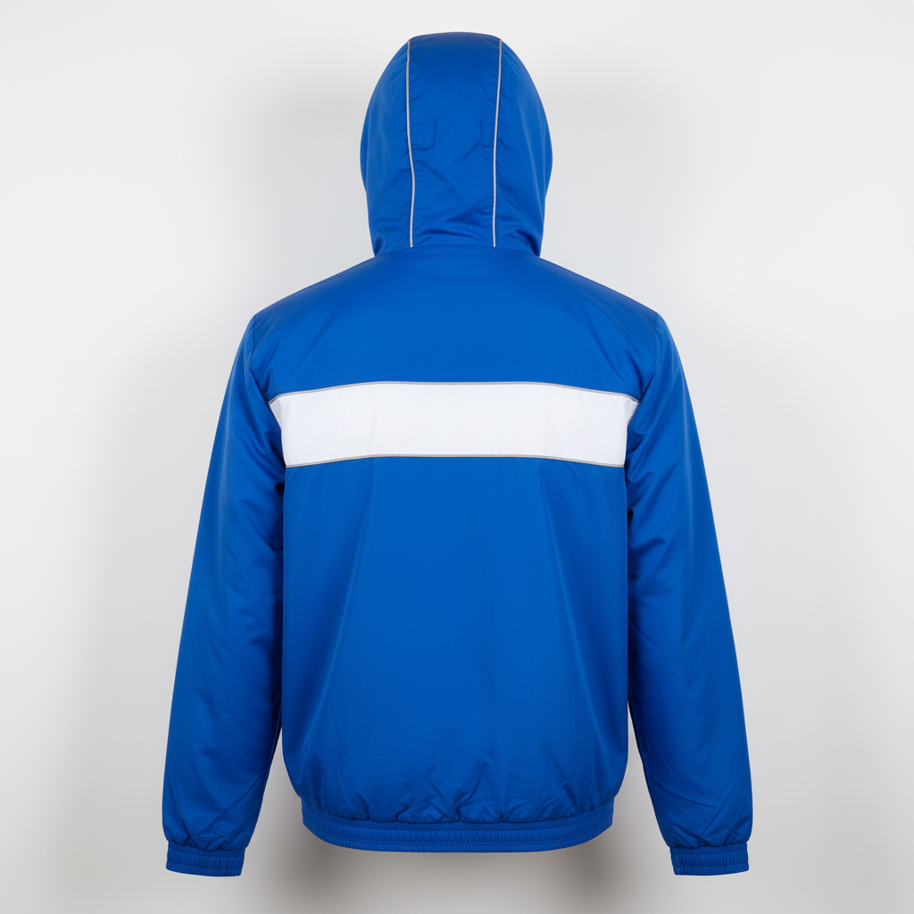 Back view of custom track windbreaker showing the printed team name