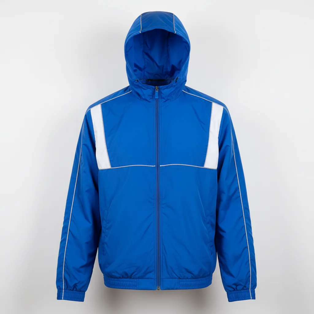 Front view of custom track windbreaker in lightweight wind-resistant ripstop nylon with a full zip and heat-transfer team crest from Empire Five Athletics