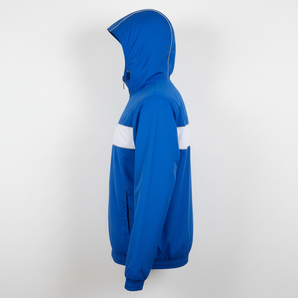 Side view of custom track windbreaker showing the zip pocket and packable shell