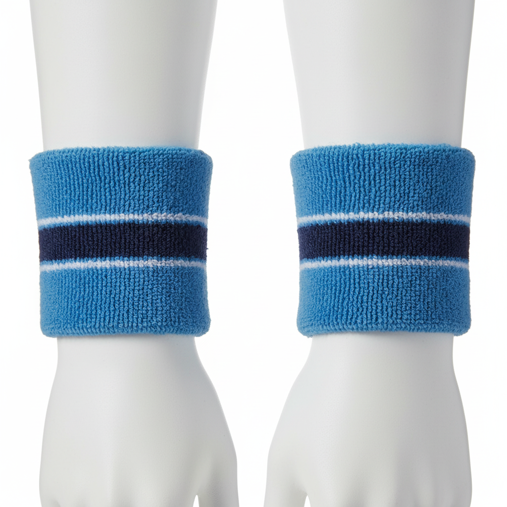Front view of custom track wristbands in absorbent cotton-terry with an embroidered team logo from Empire Five Athletics