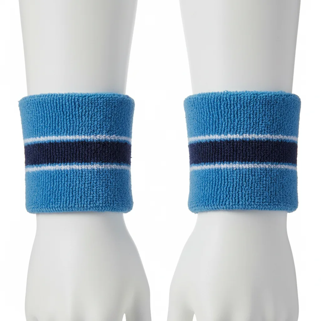Front view of custom track wristbands in absorbent cotton-terry with an embroidered team logo from Empire Five Athletics