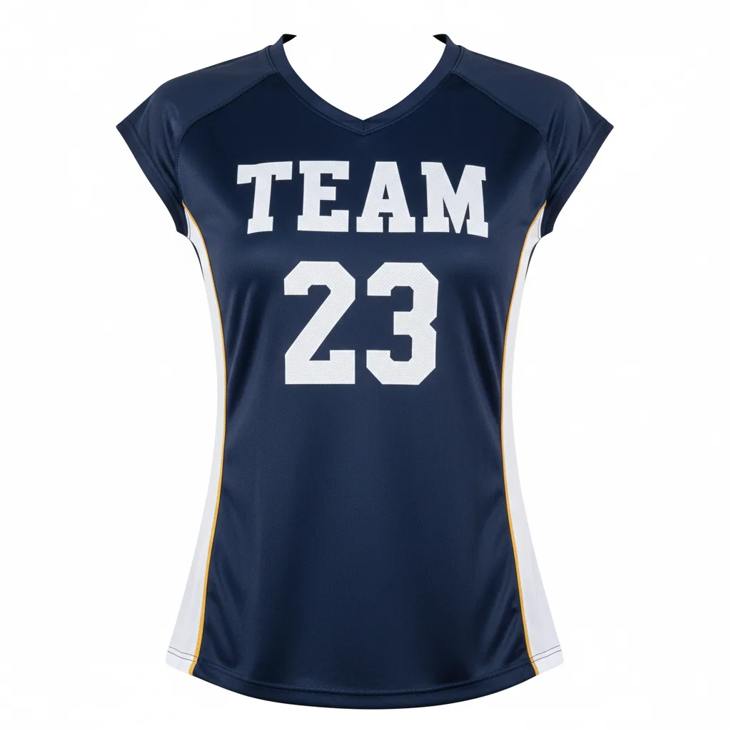 Front view of custom cap-sleeve volleyball jersey in fitted 160 GSM performance poly with sublimated team colors from Empire Five Athletics