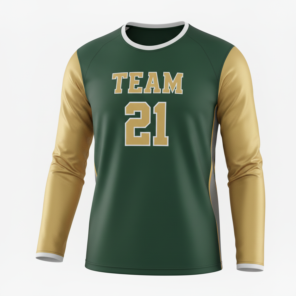 Front view of custom long-sleeve volleyball jersey in 160 GSM performance poly with full sleeves and sublimated team colors from Empire Five Athletics