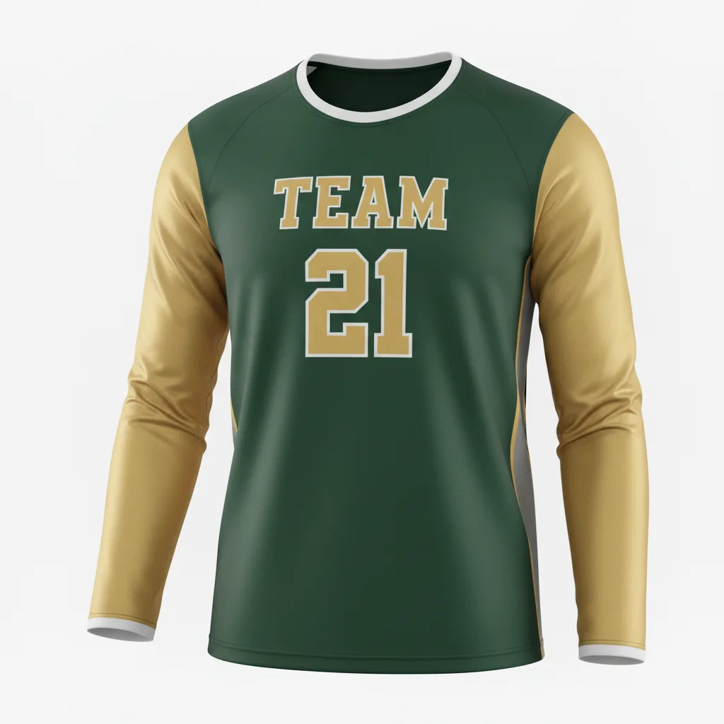 Front view of custom long-sleeve volleyball jersey in 160 GSM performance poly with full sleeves and sublimated team colors from Empire Five Athletics