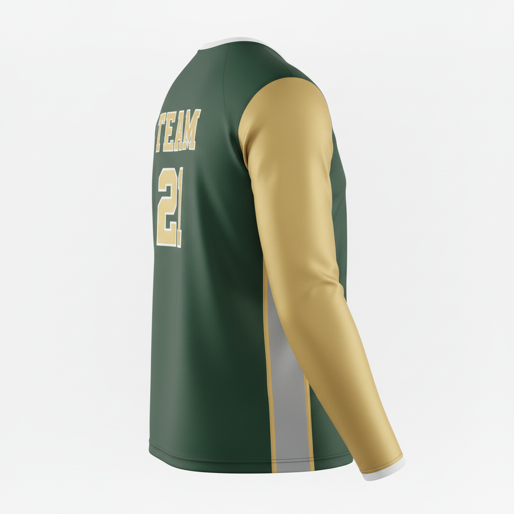Side view of custom long-sleeve volleyball jersey showing the full sleeve and cuff