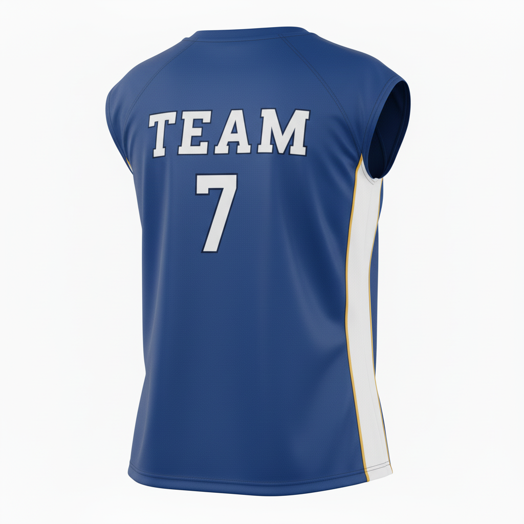 Back view of custom sleeveless volleyball jersey showing the player name and number