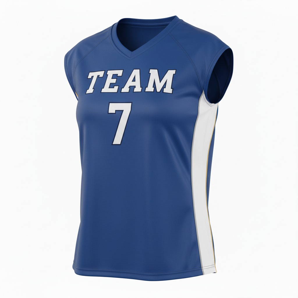 Front view of custom sleeveless volleyball jersey in 160 GSM performance poly with open armholes and sublimated team colors from Empire Five Athletics