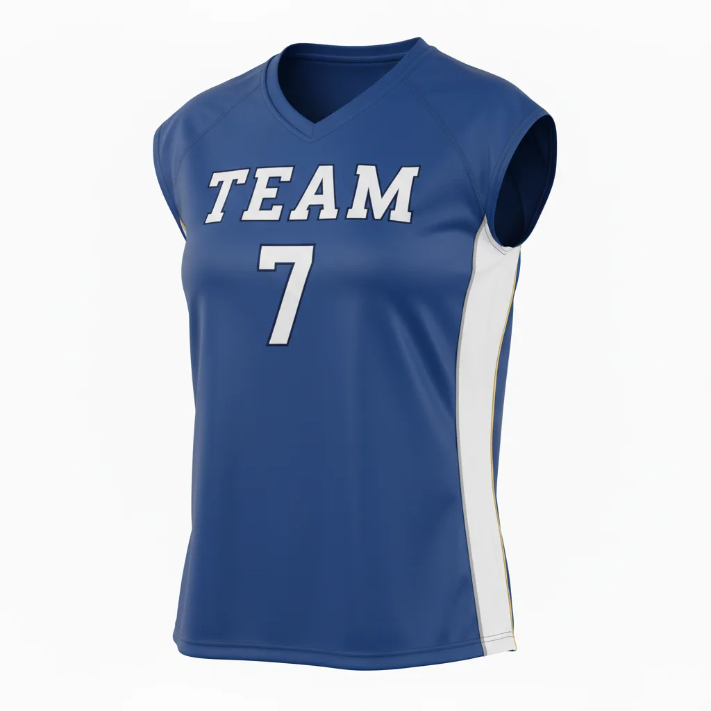Front view of custom sleeveless volleyball jersey in 160 GSM performance poly with open armholes and sublimated team colors from Empire Five Athletics