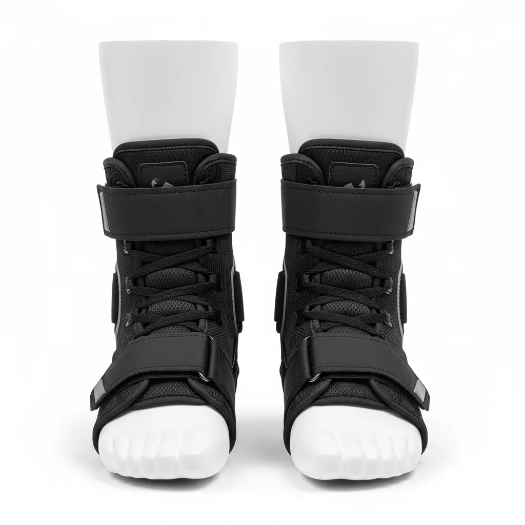 Front view of custom volleyball ankle brace, a lace-up stabilizing brace in a custom team colorway with a printed logo from Empire Five Athletics