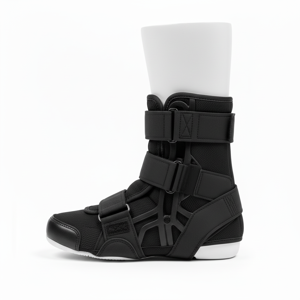Side view of custom volleyball ankle brace showing the bilateral support and lace-up shell