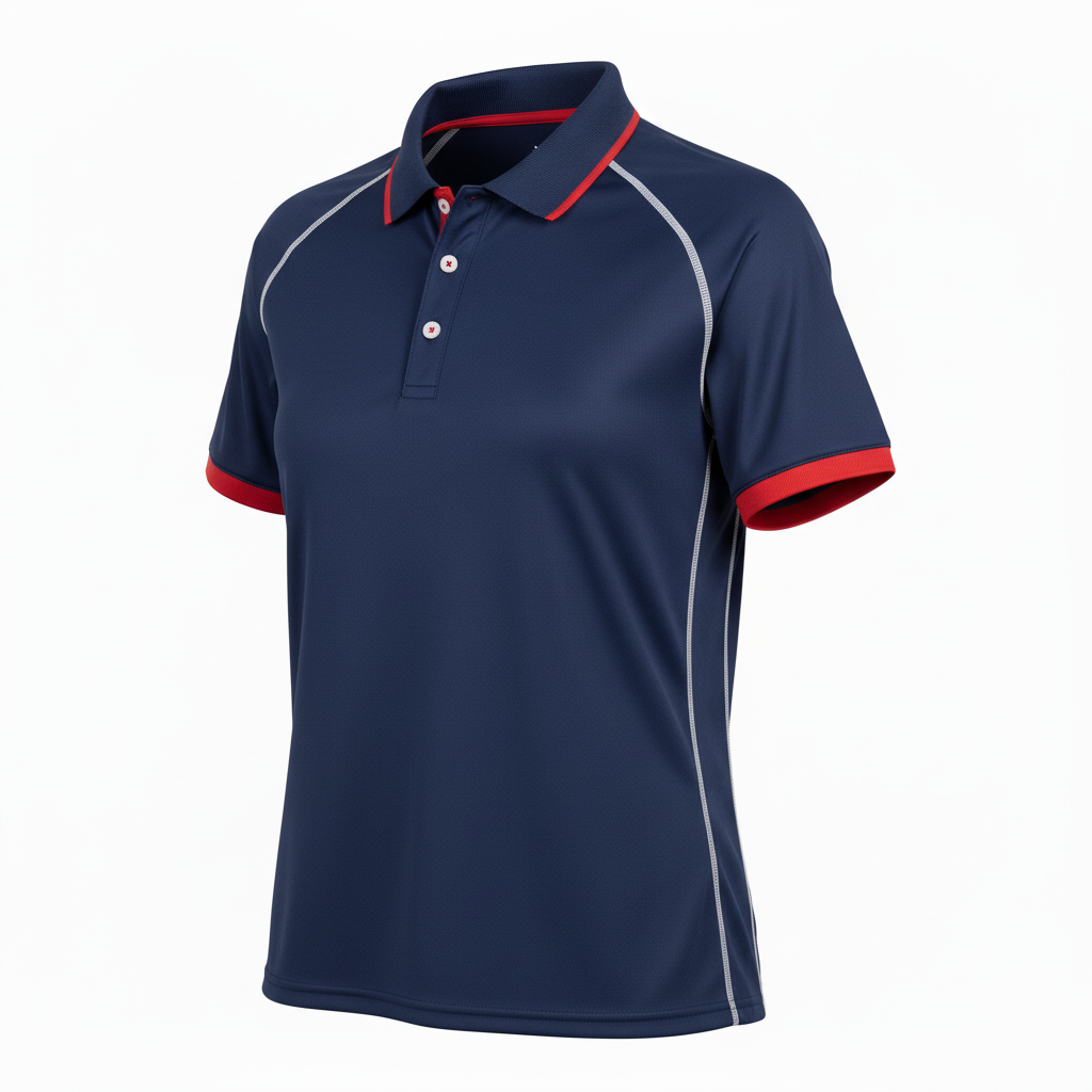 Front view of custom volleyball coaches polo in 180 GSM performance piqué with a three-button placket and embroidered team crest from Empire Five Athletics