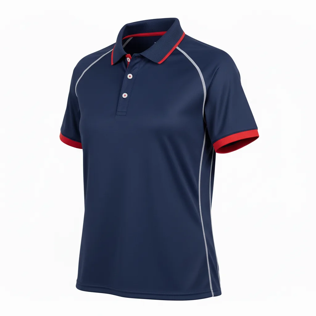 Front view of custom volleyball coaches polo in 180 GSM performance piqué with a three-button placket and embroidered team crest from Empire Five Athletics