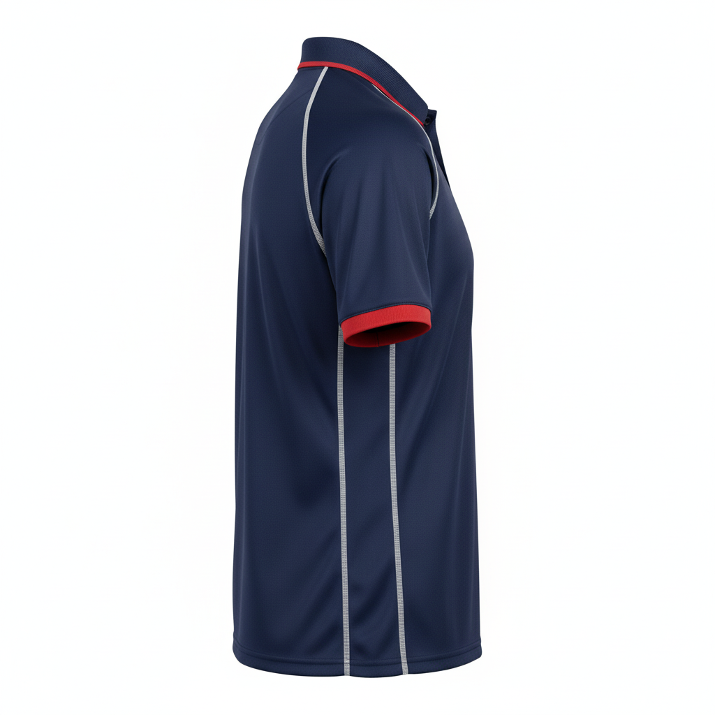 Side view of custom volleyball coaches polo showing the side vent and sublimated panel