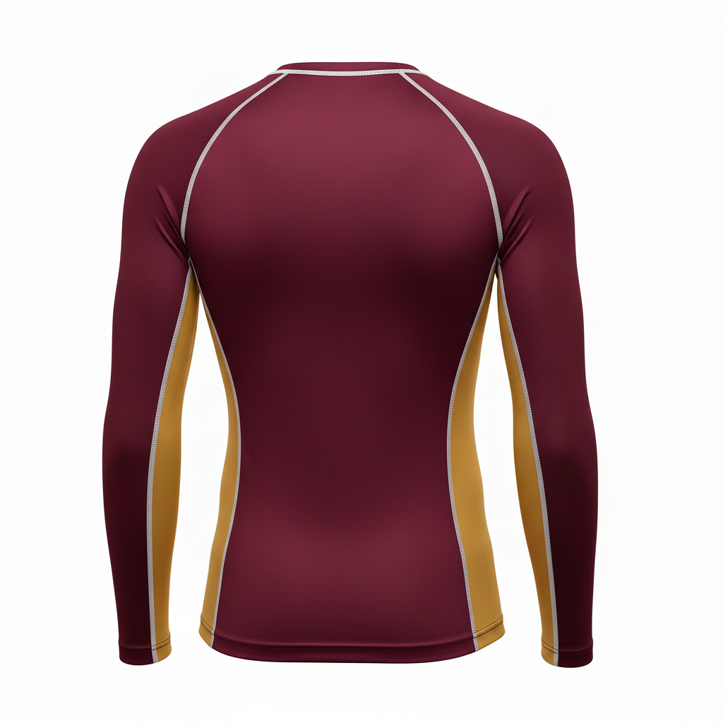 Back view of custom volleyball compression shirt showing the flatlock seams