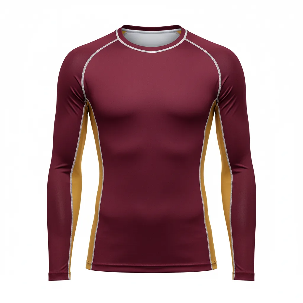 Front view of custom volleyball compression shirt in 220 GSM poly-spandex with a fitted base-layer cut and sublimated team colors from Empire Five Athletics