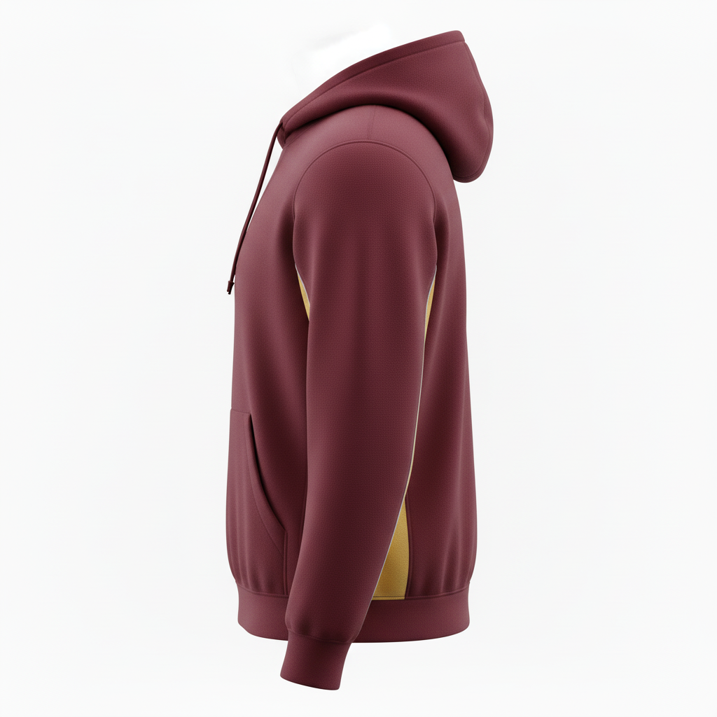 Side view of custom volleyball fleece jacket showing the zip pocket and stand collar