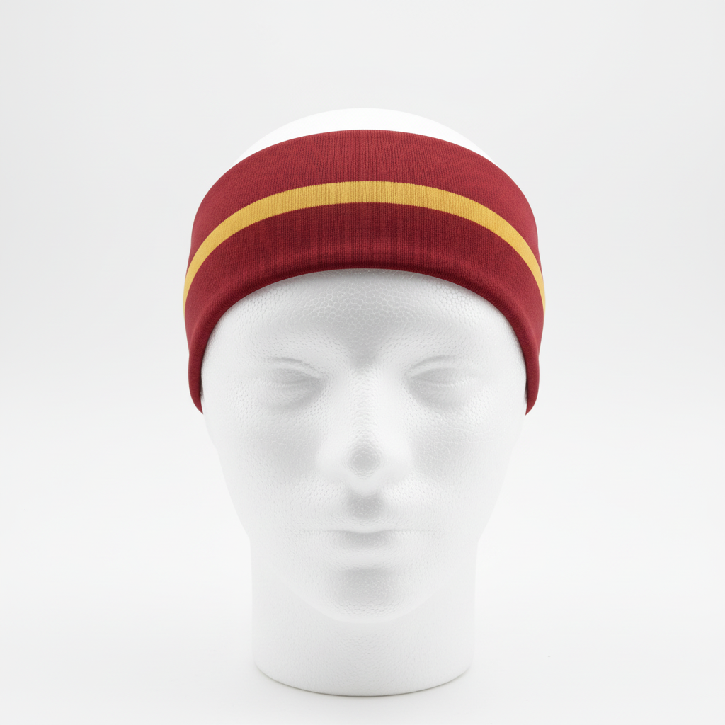 Front view of custom volleyball headband in stretch poly-spandex with sublimated team colors and logo from Empire Five Athletics