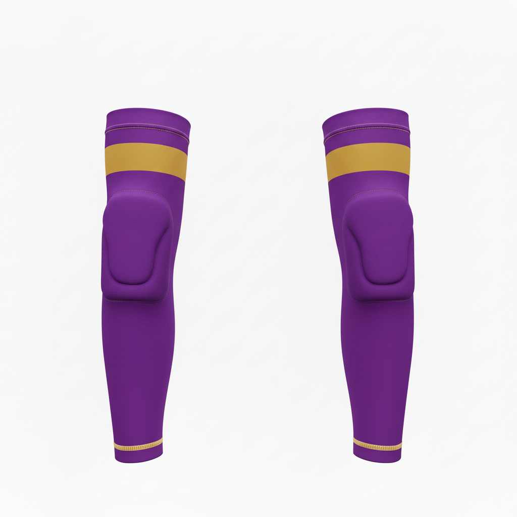 Front view of custom volleyball knee pads, padded compression sleeves in a custom team colorway with a sublimated logo from Empire Five Athletics