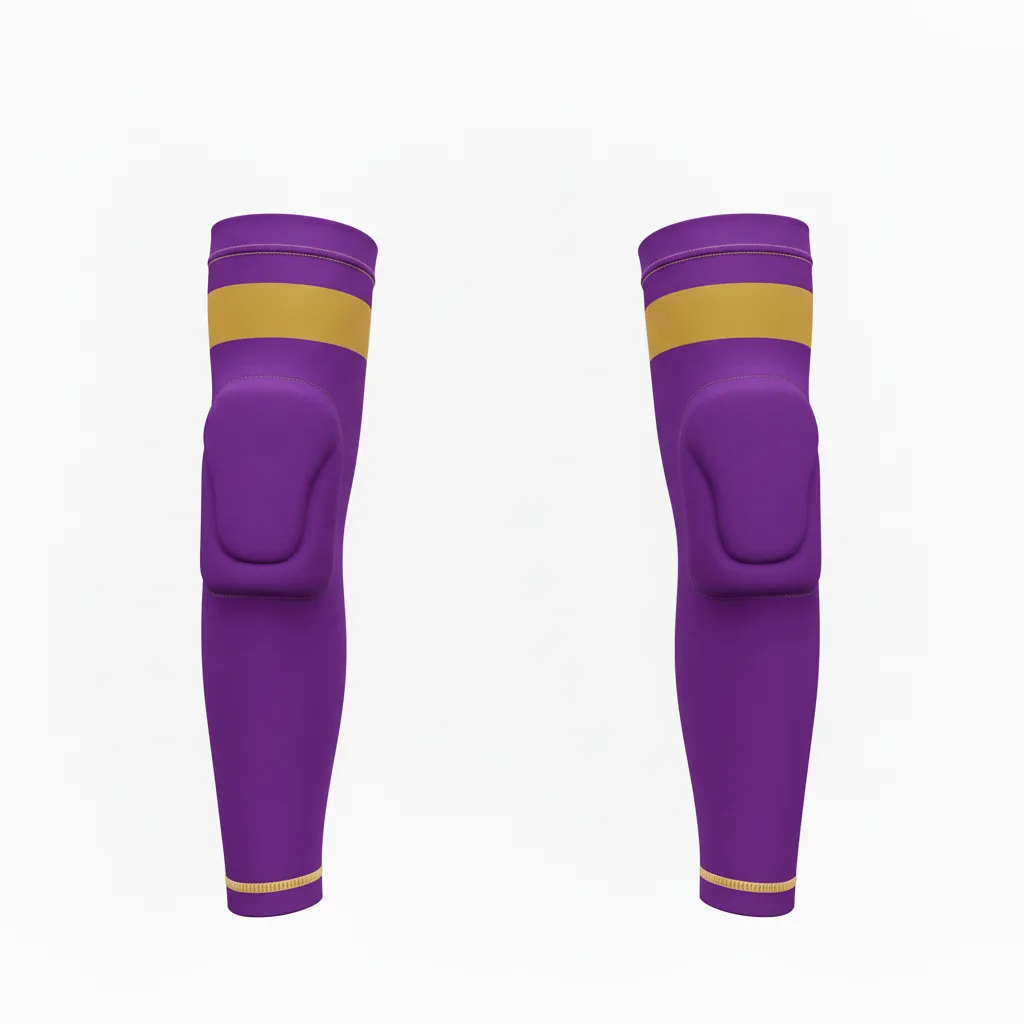 Front view of custom volleyball knee pads, padded compression sleeves in a custom team colorway with a sublimated logo from Empire Five Athletics