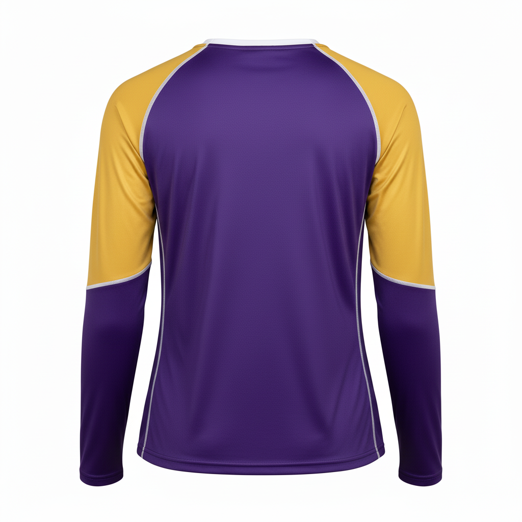 Back view of custom long-sleeve volleyball performance shirt showing the team name