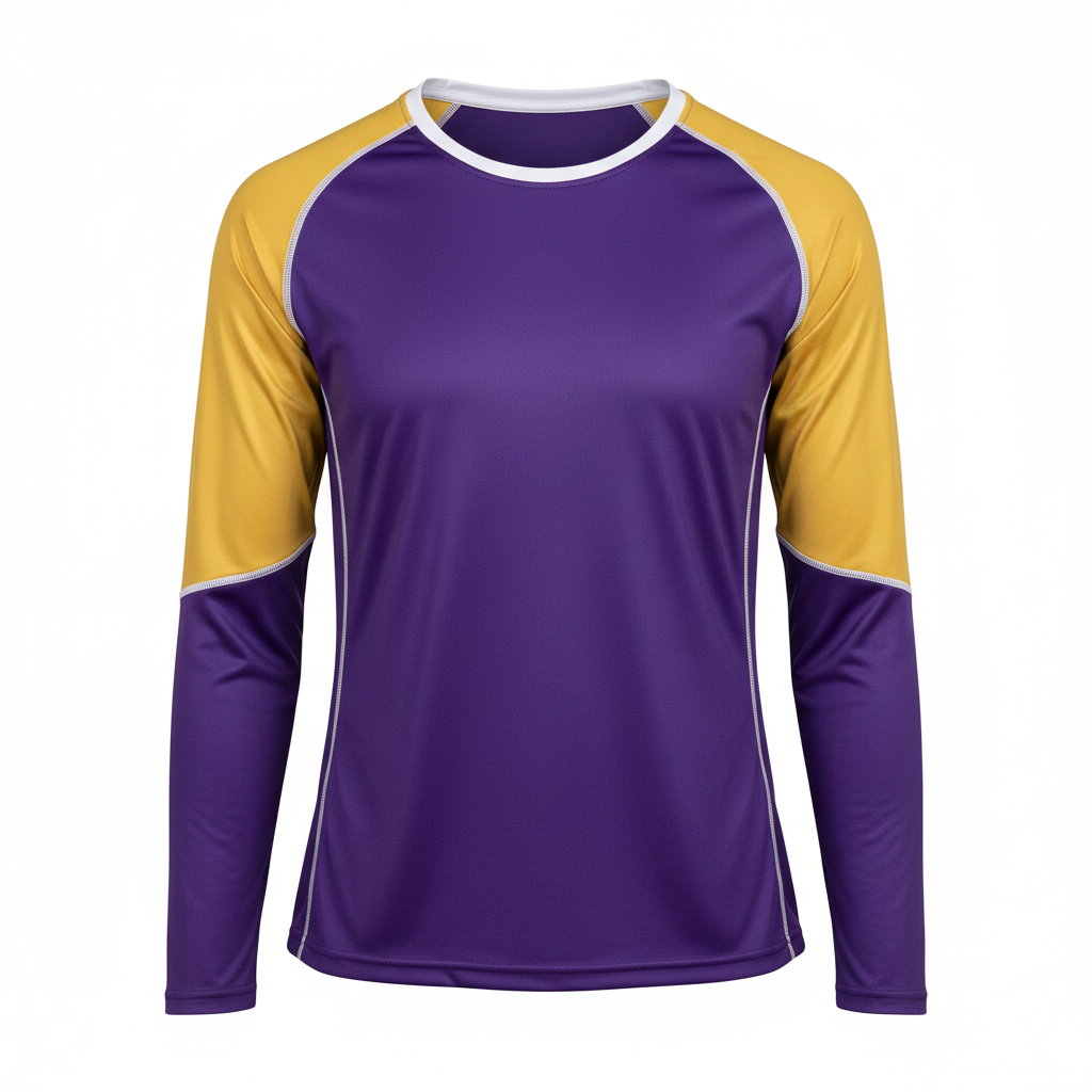 Front view of custom long-sleeve volleyball performance shirt in 150 GSM wicking poly with a regular fit and sublimated team colors from Empire Five Athletics