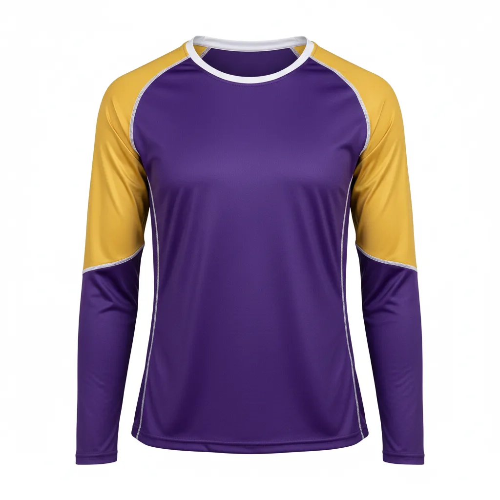 Front view of custom long-sleeve volleyball performance shirt in 150 GSM wicking poly with a regular fit and sublimated team colors from Empire Five Athletics