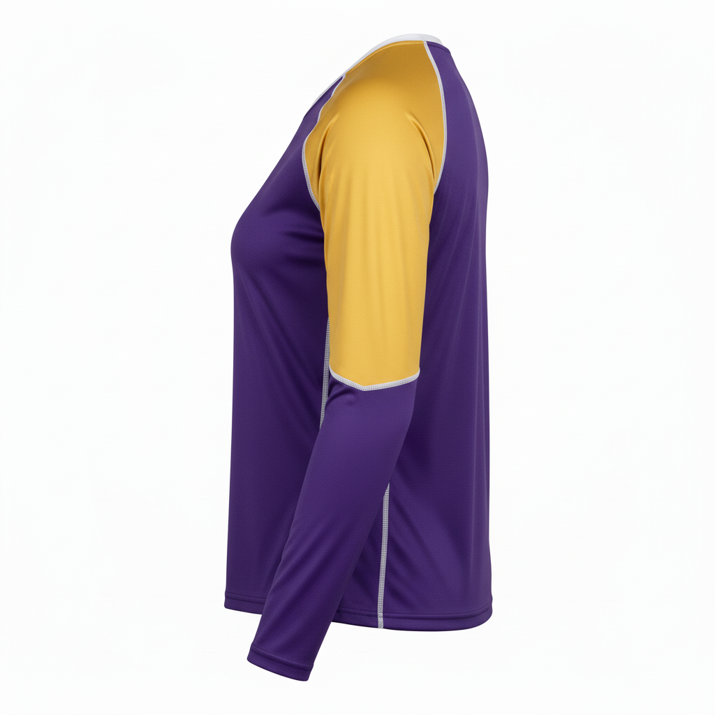 Side view of custom long-sleeve volleyball performance shirt showing the regular fit and cuff