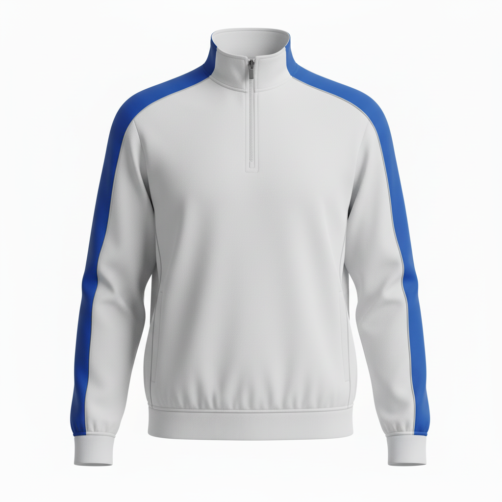 Front view of custom volleyball quarter-zip pullover in 220 GSM performance poly with a stand collar and sublimated team colors from Empire Five Athletics