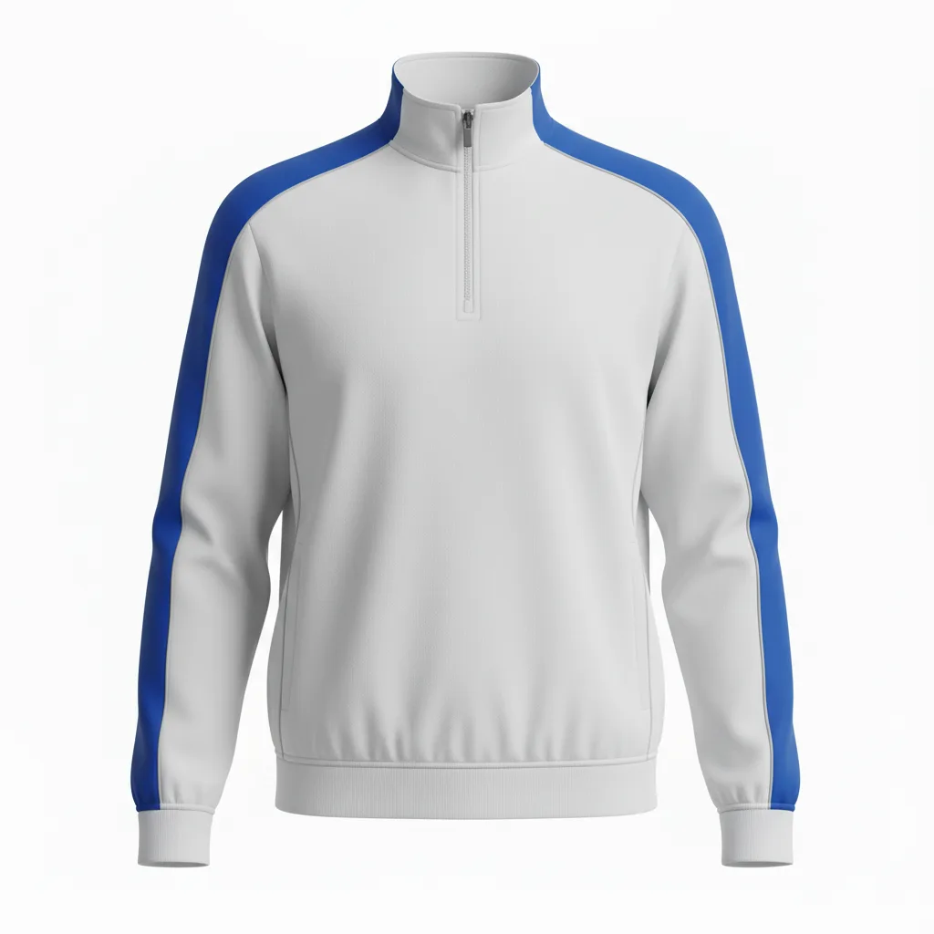 Front view of custom volleyball quarter-zip pullover in 220 GSM performance poly with a stand collar and sublimated team colors from Empire Five Athletics