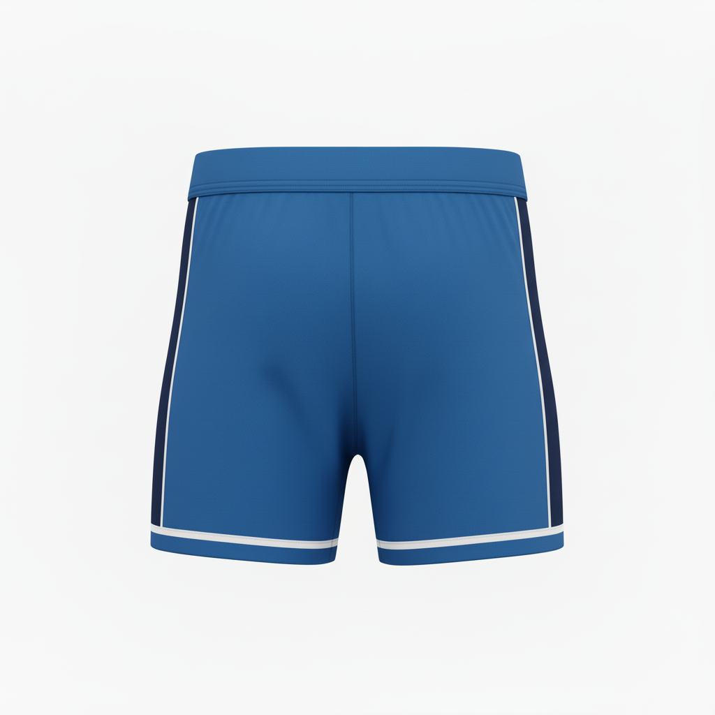 Back view of custom mid-length volleyball shorts showing the elastic waistband