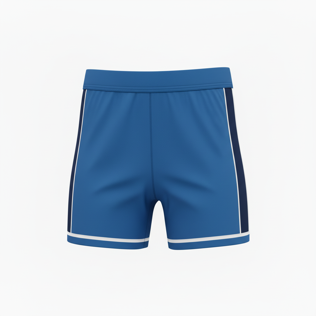 Front view of custom mid-length volleyball shorts in 150 GSM performance poly with a relaxed cut and sublimated team colors from Empire Five Athletics