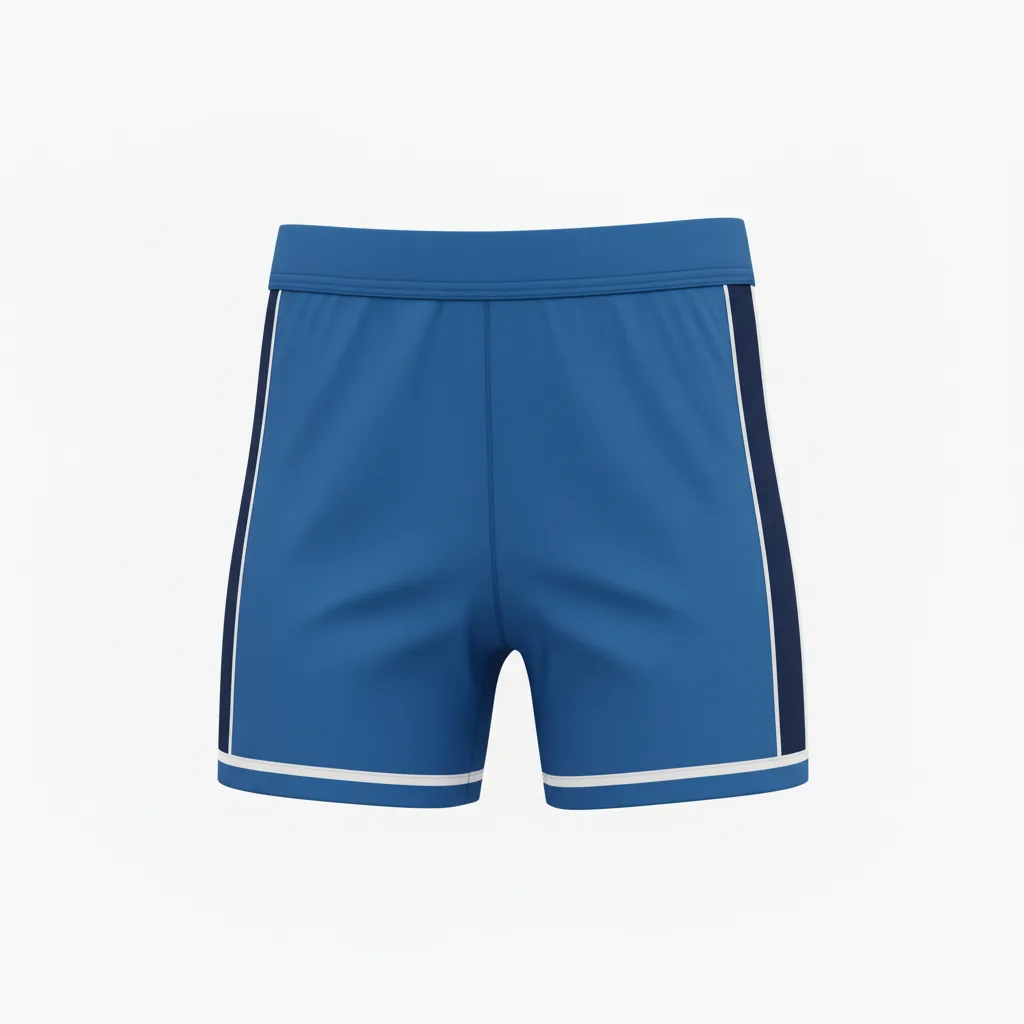 Front view of custom mid-length volleyball shorts in 150 GSM performance poly with a relaxed cut and sublimated team colors from Empire Five Athletics