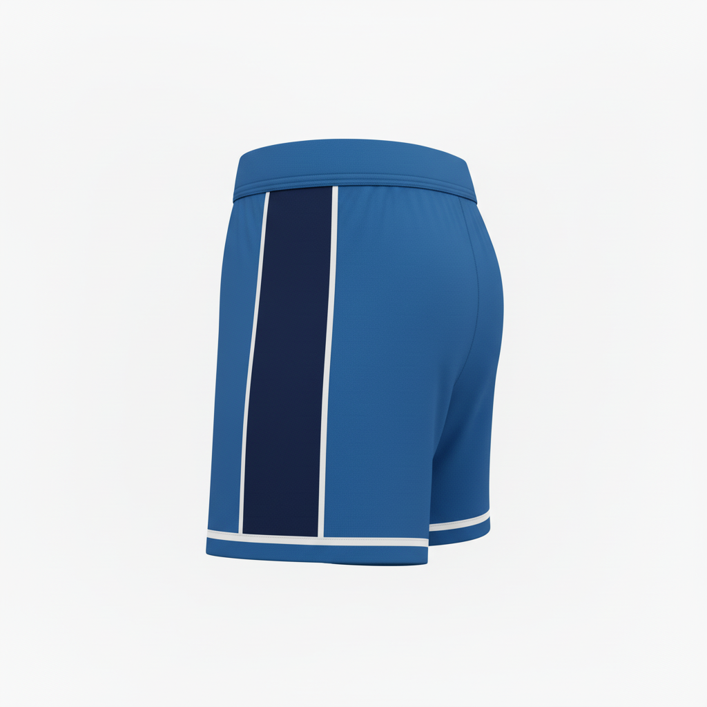 Side view of custom mid-length volleyball shorts showing the mid-thigh inseam