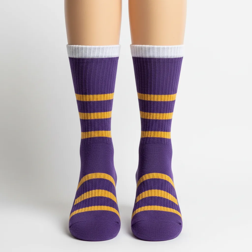 Front view of custom volleyball crew socks in cushioned knit with a sublimated leg panel and knit-in team stripes from Empire Five Athletics